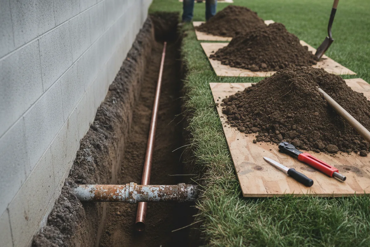 Excavated water line trench during Sewer Line Repair in Wolfeboro